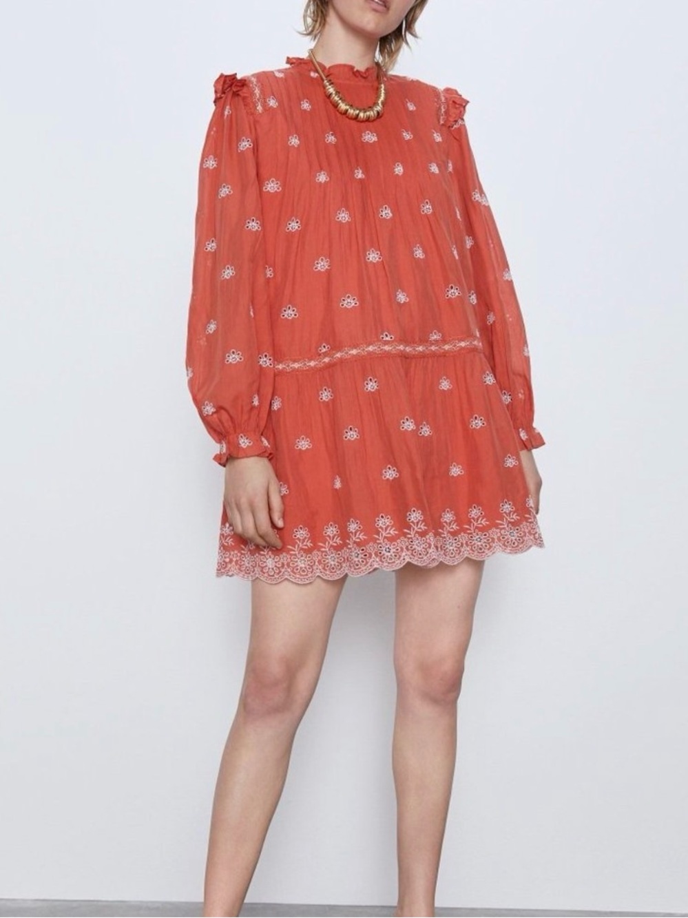 ZARA Coral Embroidered Long-Sleeve Mini Dress